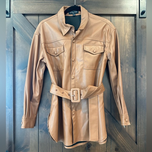 Love Tree Cognac Faux Leather Shirt Jacket - Picture 1 of 5